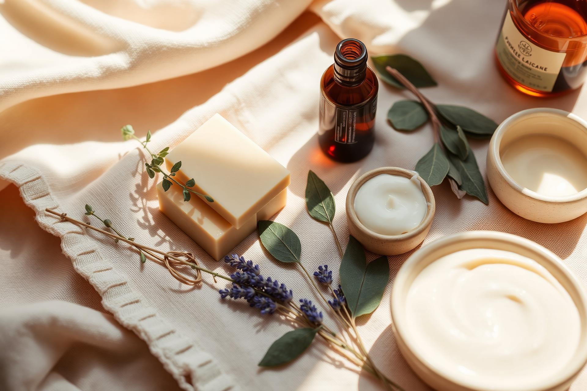 Botanical bath products on linen